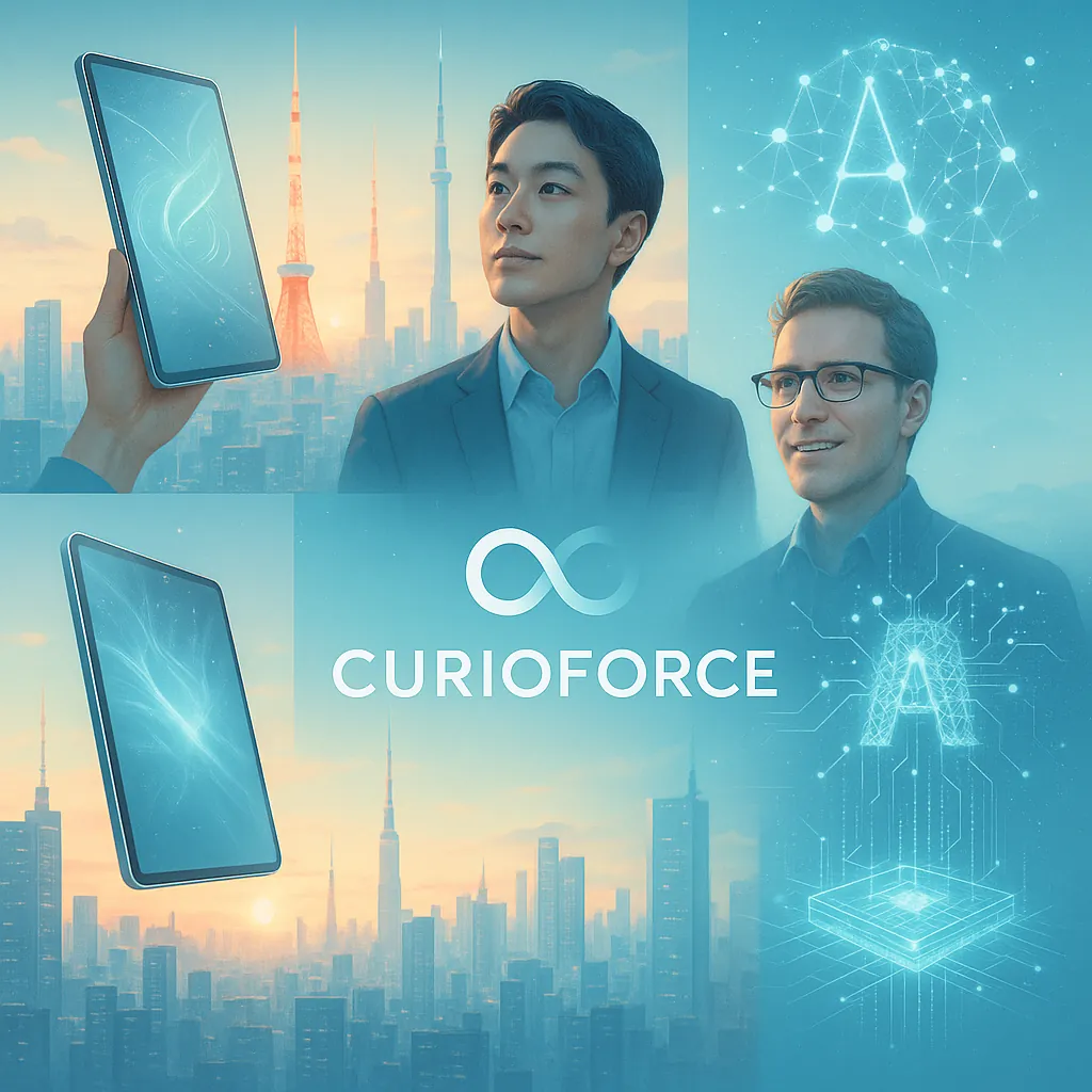 Curioforce brand collage over a Tokyo skyline