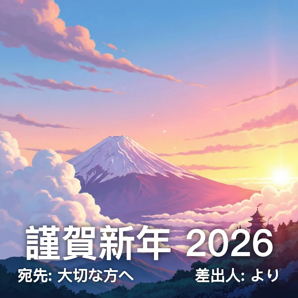 Anime-style New Year card of Mount Fuji, 2026