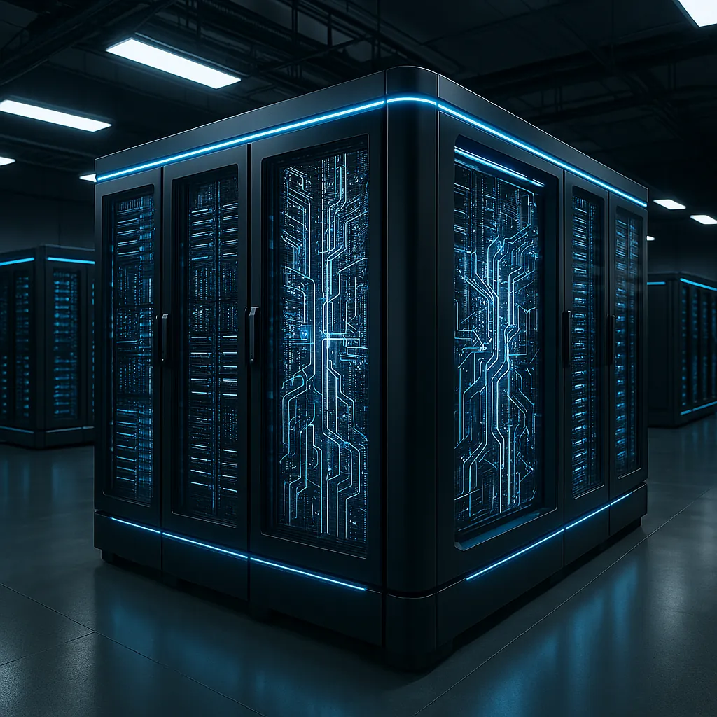 Server cabinets with cyan circuit glow